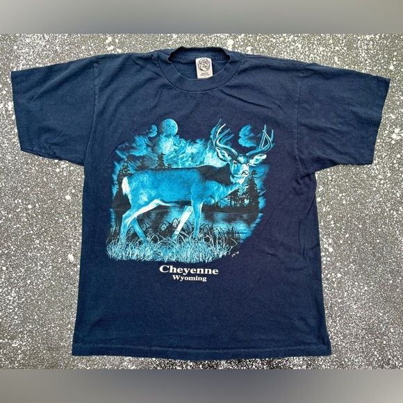 Vintage 90s Cheyenne Wyoming Deer Graphic Tee Single Stitch Made in USA Sz LG - Picture 1 of 8